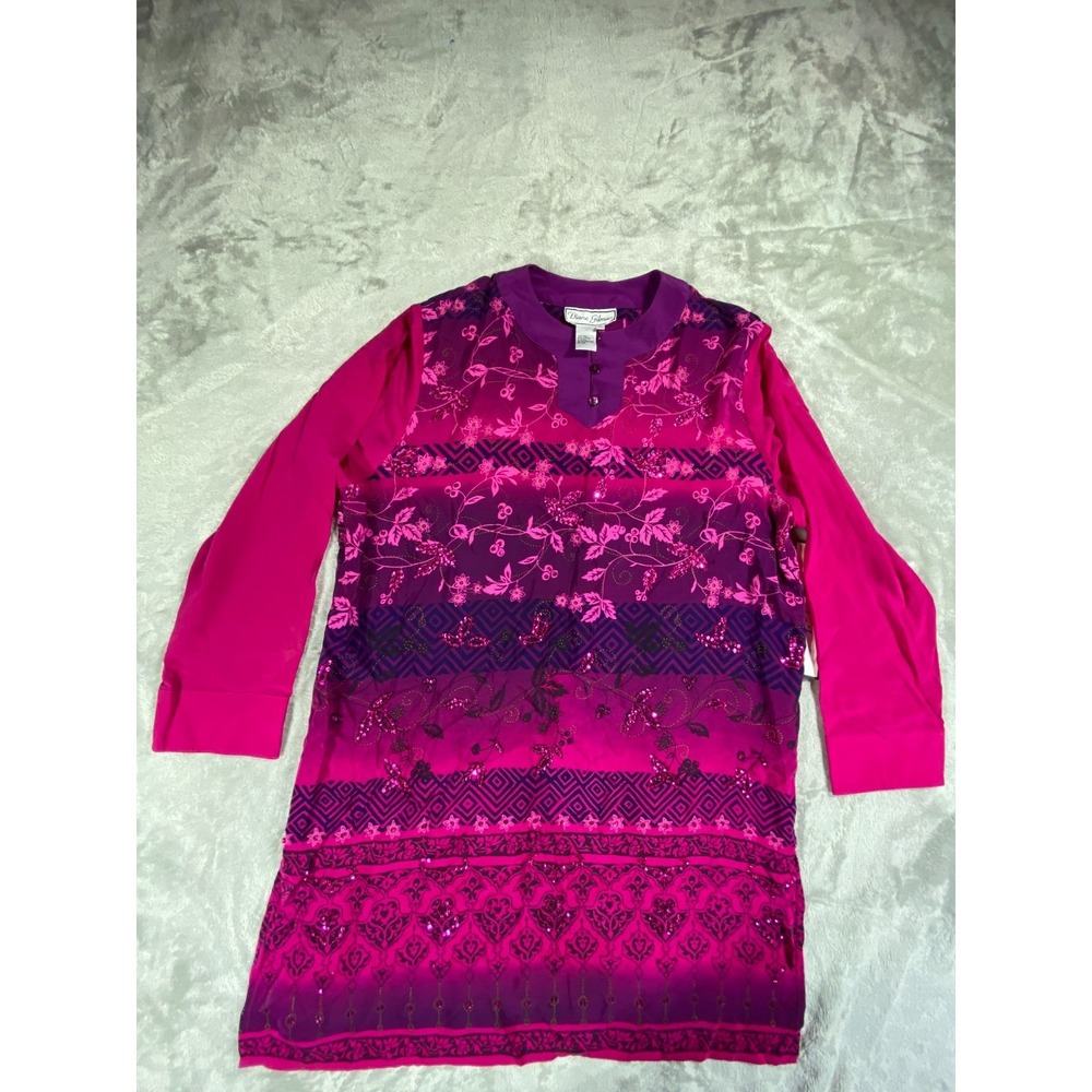 Diane Gilman Tunic‎ Top Womens Medium Pink Purple Floral Silk Sequin Henley NEW - Picture 5 of 9